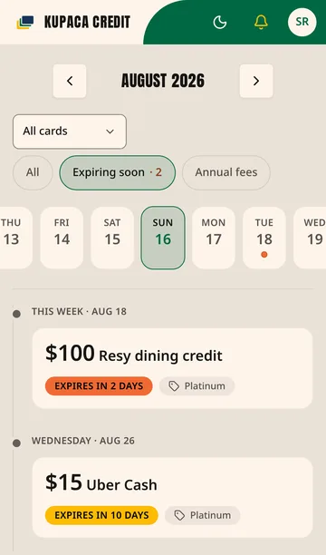 Kupaca's calendar timeline listing a $100 dining credit that expires in 2 days and $15 of Uber Cash that expires in 10