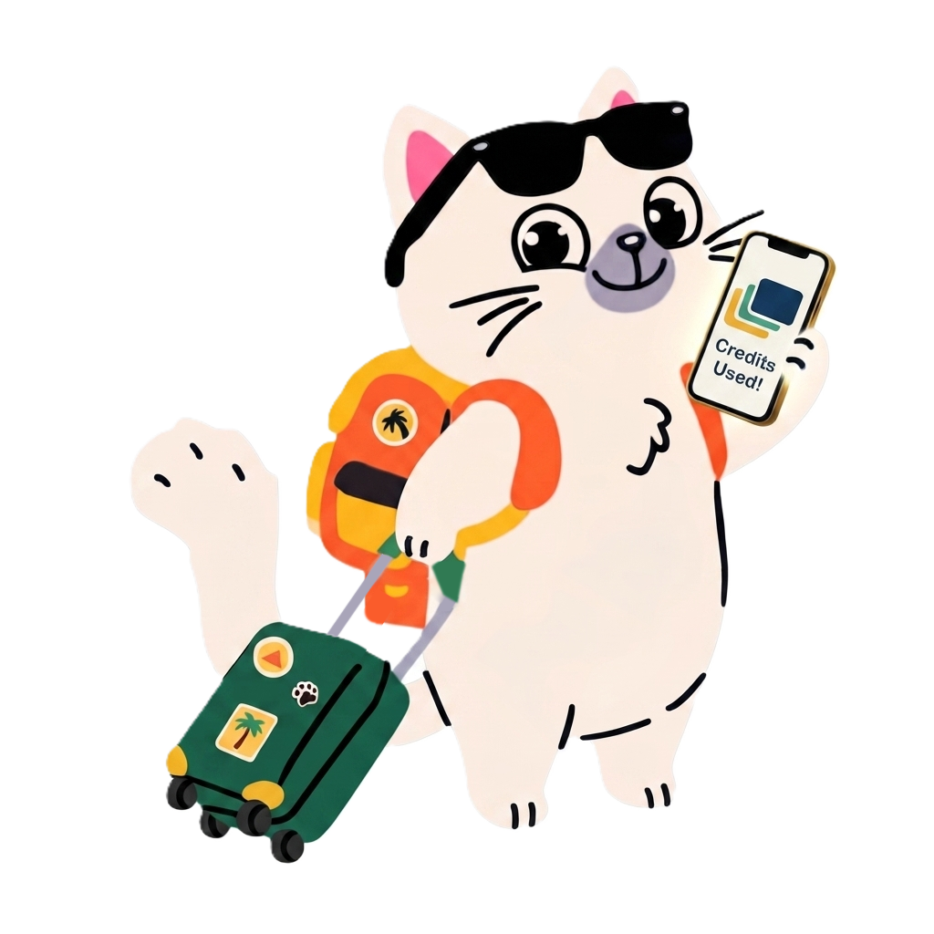 Kupaca's cat mascot rolling a suitcase and holding up a phone that reads “Credits Used!”