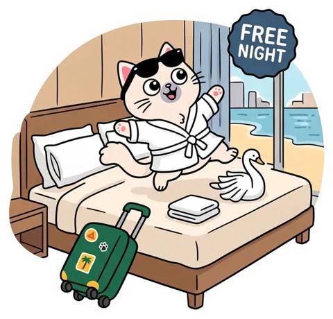 Kupaca's cat mascot in a hotel robe, bouncing on a beach-view hotel bed beside a towel swan and a rolling suitcase, under a Free Night badge